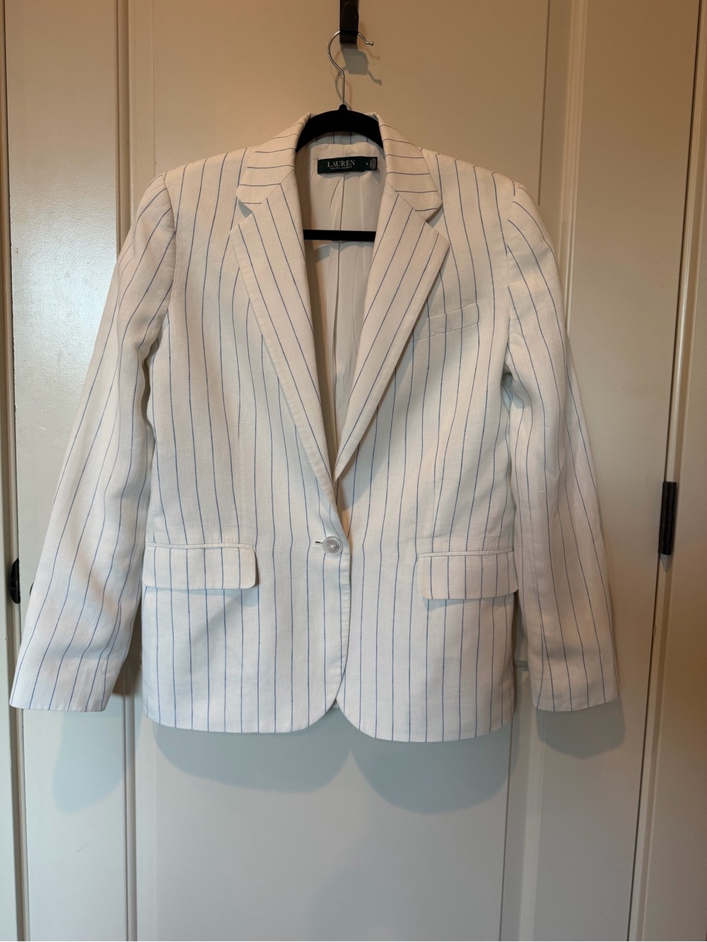 Lauren Ralph Lauren White & Blue Pinstripe Blazer Linen Size 6